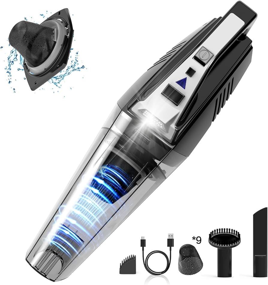 Handheld Vacuum Cordless, Car Vacuum Cleaner with 9500Pa Suction, Portable Rechargeable USB-C Small Vac with LED Light for Home