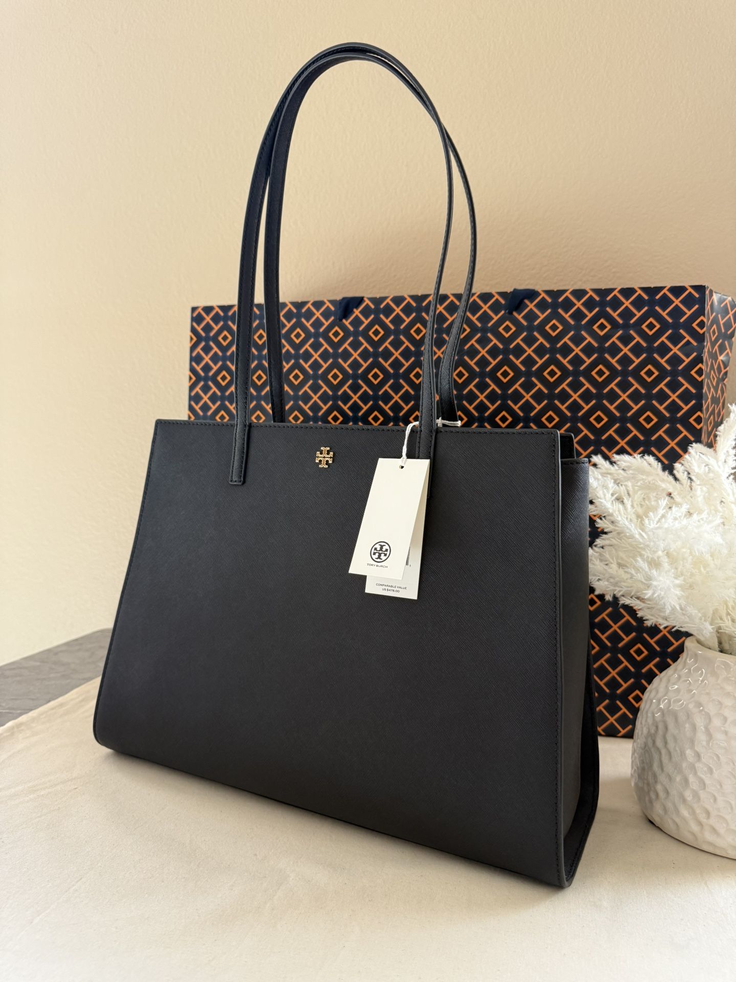NWT , Tory Burch Emerson work Black Leather Tote Bag