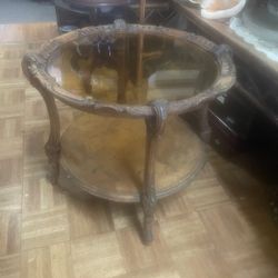 Antique French Carved Wood Side Table Glass Top 