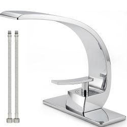 Bathroom Sink Faucet Modern Single Hole 1-Handle Faucet, Chrome Solid Brass Faucets, Mount Curved Lavatory Faucets Mixer Tap