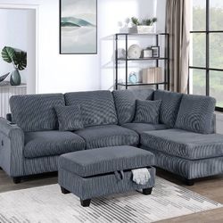 New Dark Gray 3pc Sectional Set w/built-in USB port and Storage Ottoman