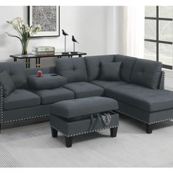 Dark Gray Sectional Sofa With Ottoman (Free Delivery)