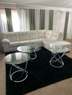 White Leather Sectional Sofa with Chaise + Tables + Rug