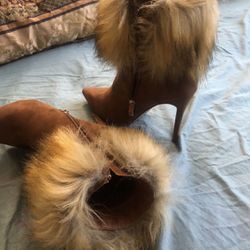 Faux Fur Cuff Pointy Toe Stilleto Ankle Booties