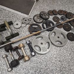 Gym Weights Bench Press Bar Push Up Dumbbells Bundle $100