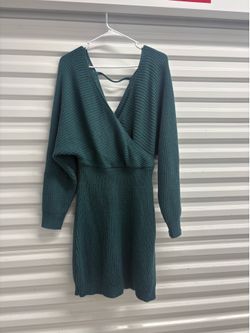 SHEIN Women's Green Knit V-Neck Long Sleeve Stretch Mini Sweater Dress M