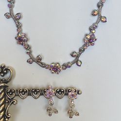 Vintage Elegant Silver and Purple Floral Choker Necklace with Matching Earrings 