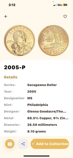 2005-P Sacagawea Gold Dollar BU Mint State UNC Collector Coin
