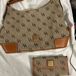 Dooney & Bourke Tan Logo Shoulder Bag with Brown Trim and Matching Wallet