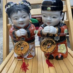Jintong Golden Boy Yuna Jade Girl Chinese Statues VTG Lucky Gold Coins