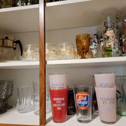 Vintage MCM Cartoon Cups Low Ball Cocktail Glasses Bar Pint Glassware Christmas Tumblers