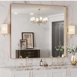 LOAAO 40”X36” Gold Bathroom Mirror, Rounded Rectangle Gold Frame Mirror, Brushed Gold Bathroom Vanity Mirror Wall-Mounted, Anti-Rust, Tempered Glass, 
