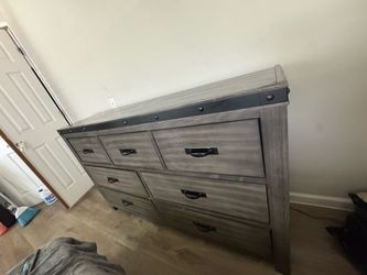 Gray Wood Dresser with Metal Hardware