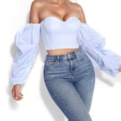 Blue Puff Sleeve Corset Top