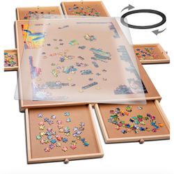 PLAYVIBE Rotating Jigsaw Puzzle Board with Drawers 1500 Piece – Puzzle Table with Cover, 6 Drawers, 27" x 35" – Wooden Puzzle Organizer – Puzzle Acces