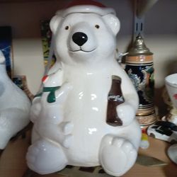 Vintage Ceramic Hand crafted and painted Polar Bear Coca cola cookie jar