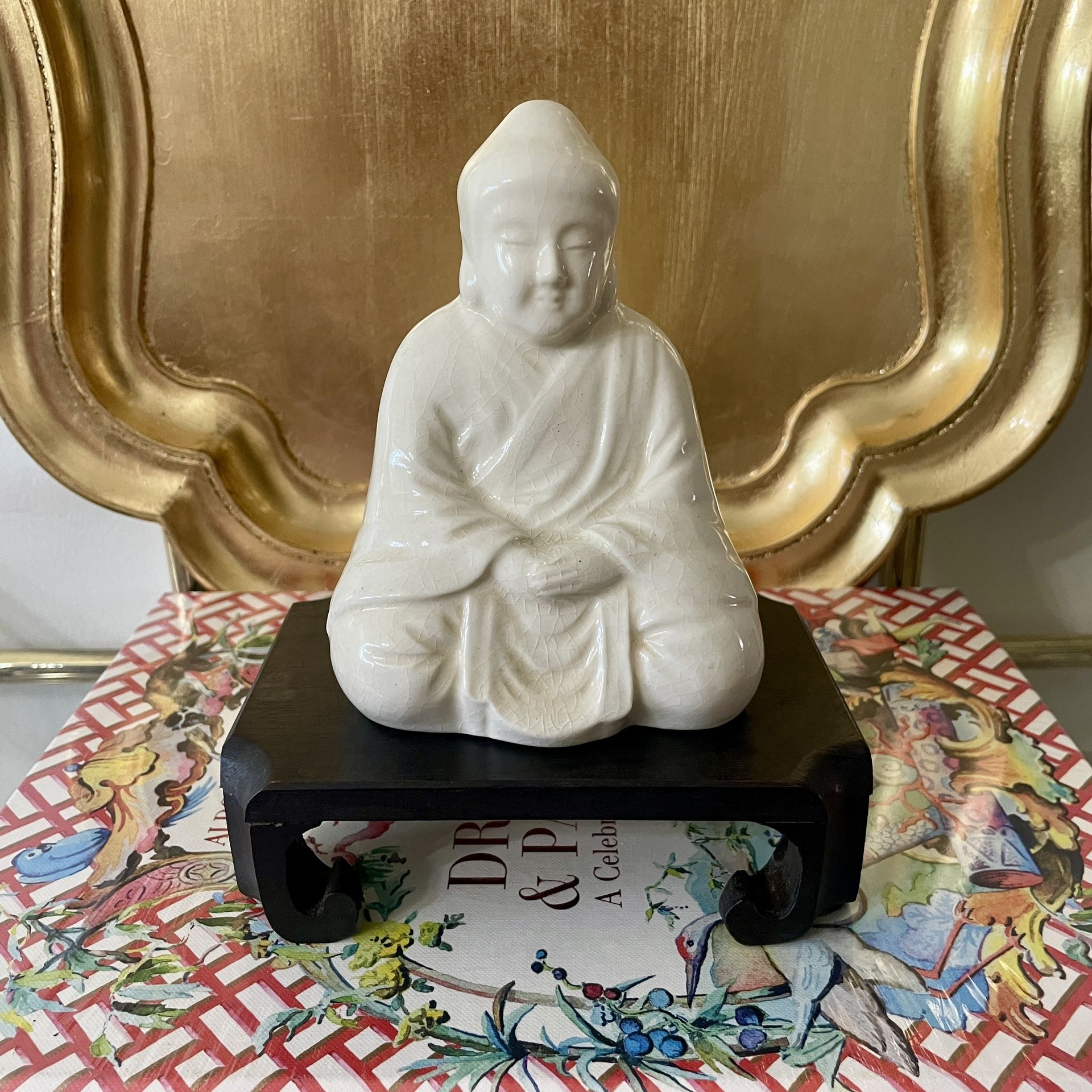 Vintage Ceramic Sitting Buddha Figurine with Wood Riser