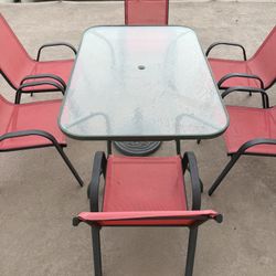 Outdoor Patio Table, Chairs, and Umbrella Stand