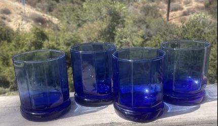 VTG ANCHOR HOCKING Essex Cobalt Blue Double Old Fashioned Rock Tumblers Set Of 4