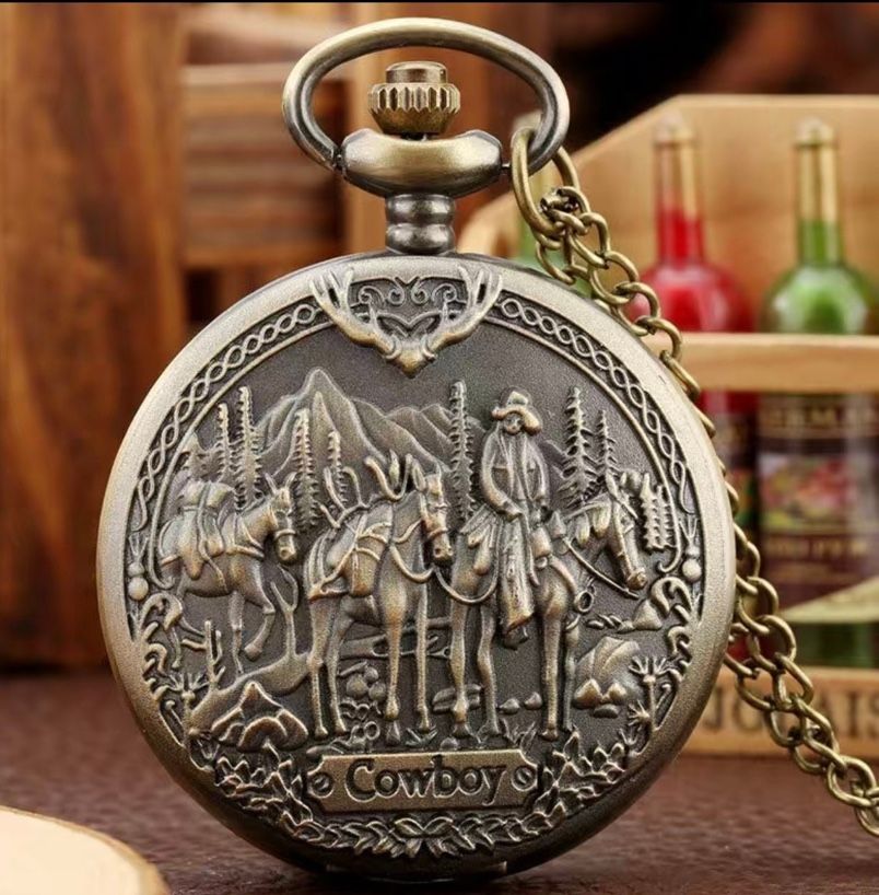 Steampunk Quartz Pocket Watch Vintage Western Cowboy Pattern Men Gift Collection