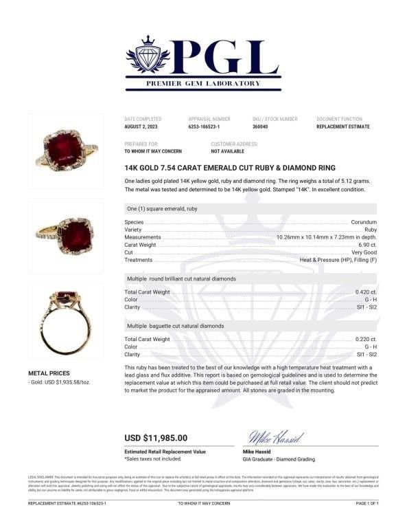 14k Gold 7.54  Carat Emerald Cut Ruby & Diamond Ring 