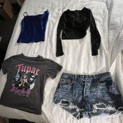 Bundle: Topshop Jean Jacket + Tupac Tee + Levi Shorts + Aritzia Dress + ASTR Top + Endless Rose Top