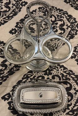 Vintage Irvinware Gourmet Susan Condiment Server and Covered Chrome plated Butter Dish with Spreader Set
