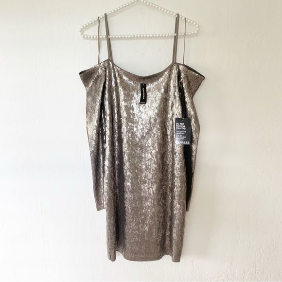 Express Sequin Volcanic Ash Off The Shoulder Mini Dress
