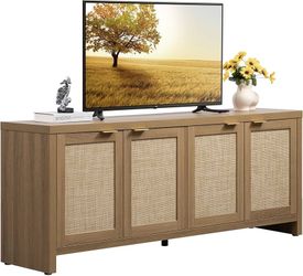 V315-TV Stand for Living Room Boho Entertainment Center for Bedroom with 4 Rattan Cabinets Farmhouse Television Stands with Storage Large Media Consol