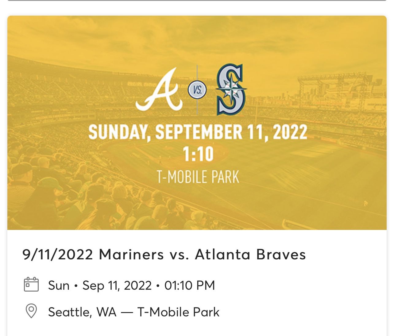 Seattle mariner tickets Sunday, September 11 at 1:10 PM