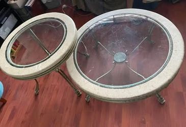 (2) ANTIQUE VINTAGE MARBLE IRON COFFEE TABLES
