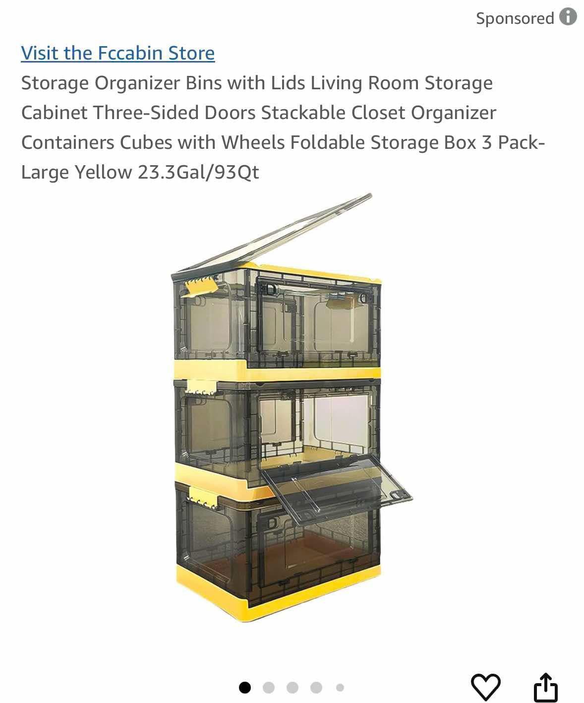 FCCABIN Storage Closet Organizer 3 Pack Three Sided Doors W/Wheels Yellow Foldable Stackable NEW   