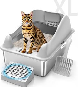 XL Stainless Steel Cat Litter Box with Lid – High Sided Metal Kitty Pan with Scoop