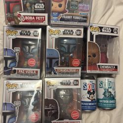 Star Wars & Funko Lot (7 Pops 2 Sodas) – Mandalorian Exclusives, Flocked Chewbacca, Boba Fett, Franny 2500pcs & Sodas