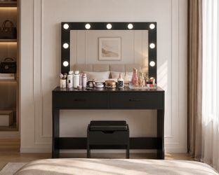 New Vanity Desk Set with Large Lighted Mirror, 35.4 Inch Makeup Vanity Table with 2 Drawers, Cushioned Storage Stool, 3 Lighting Modes Brightness Adju