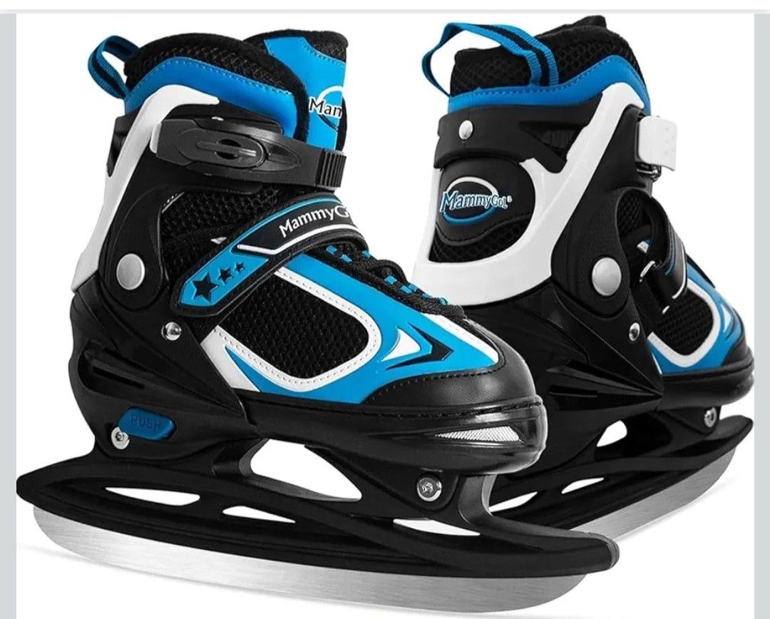 MammyGol Adjustable Ice Skates for Kids, Boys and Girls, Hockey Lace-Up Skate, Blue Ice Skating Size L for Beginner