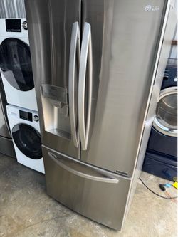The LG  refrigerator a 33-inch, French Door smart refrigerator 24.5 cu. ft.  Dimensions 68 7/8 height 33 width 32 1/2  depth works perfectly no issues