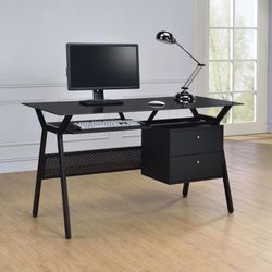 Metal And Glass Top Computer Desk With 2 Drawers - Black Color