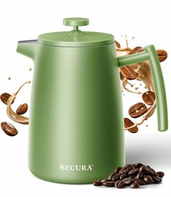 Secura 50oz French Press Coffee Maker – 304 Stainless Steel, Insulated Coffee Press with Extra Filter, Green