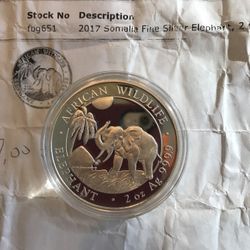 2017  Somalia Fine Silver AG 999.9 Elephant  2OZ Large Coin In Capulation 