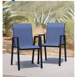 Stackable Patio Chairs Set of 2, Outdoor Dining Chairs with High Back & Metal Frame, Lightweight Sling Chair for Lawn Garden Deck, Blue