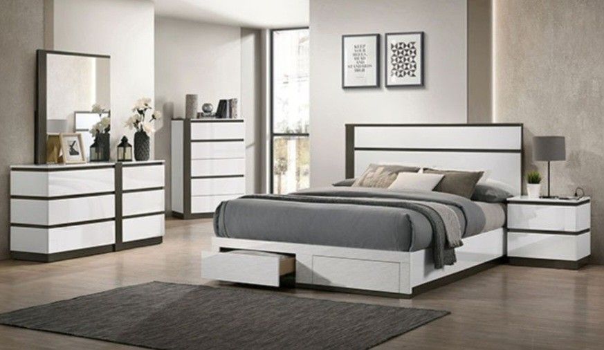 Brand New White & Grey 4pc Queen Bedroom Set (Available In California & Eastern King)
