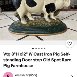 Vtg 8"H x12" W Cast Iron Pig Self-standing Door stop Old Spot Rare Pig Farmhouse