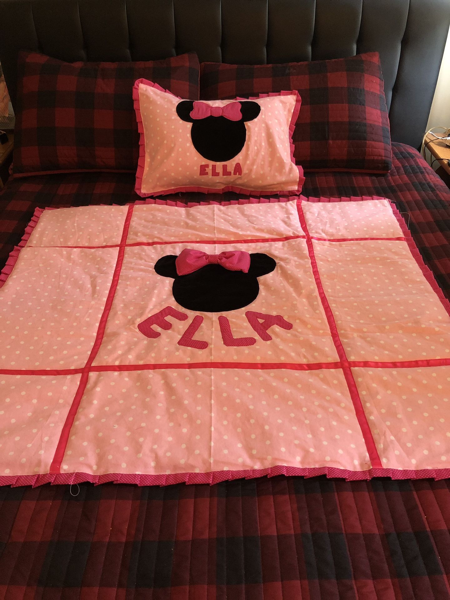 Minnie themed infant pillow and blanket set custom made on order