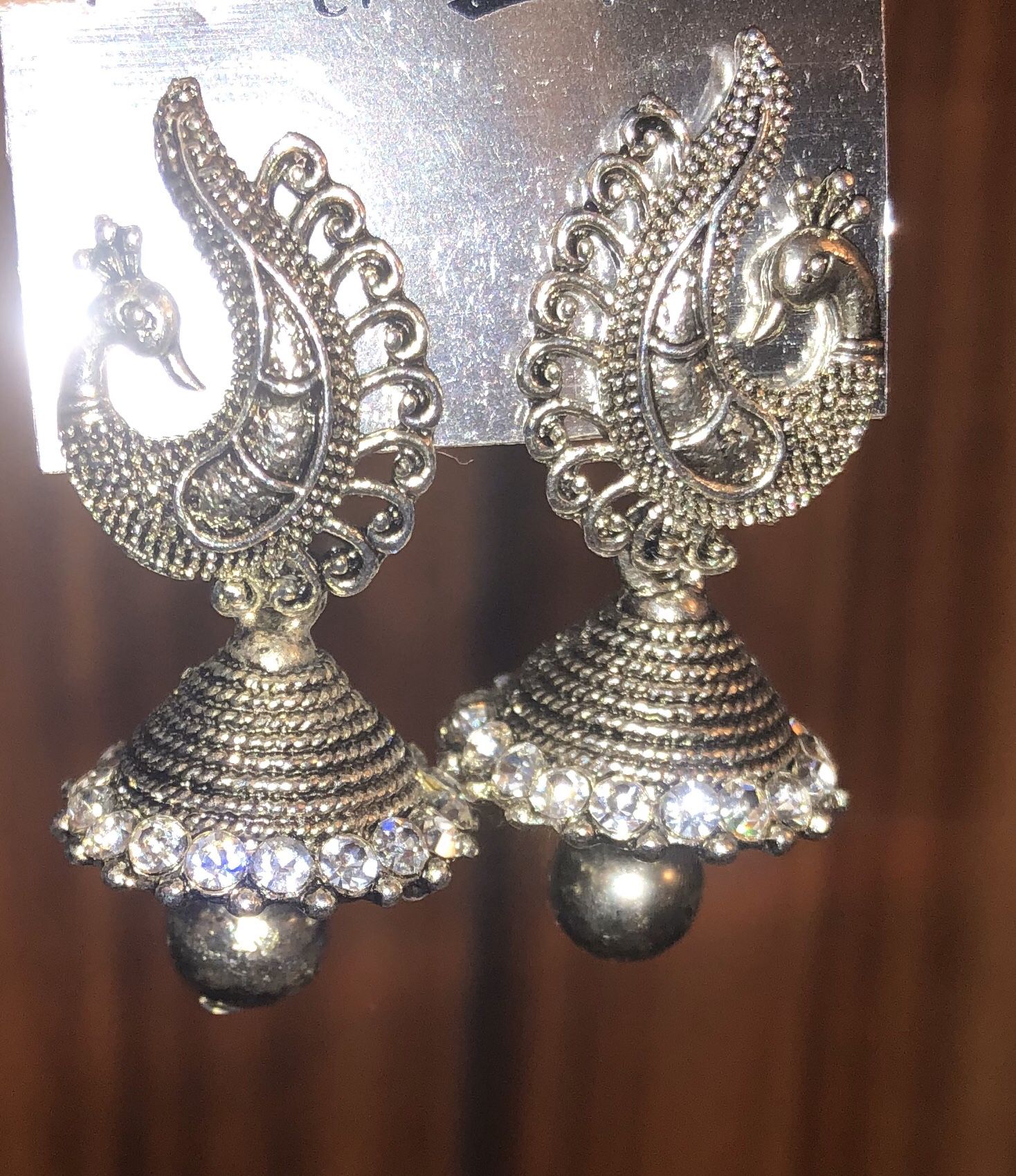 New Retro Peacock silver oxidized rhinestones Indian earrings