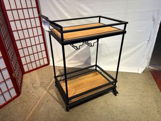 NEW! Black Metal Rolling Bar Cart with Natural Wood Shelves