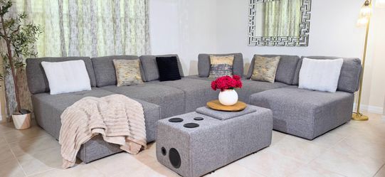 Modular Gray Sectional Sofa with Speaker