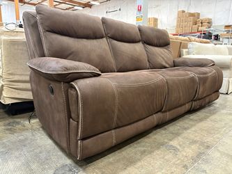 Brown Plush Contrast Stitch Microsuede Dual Power Recliner