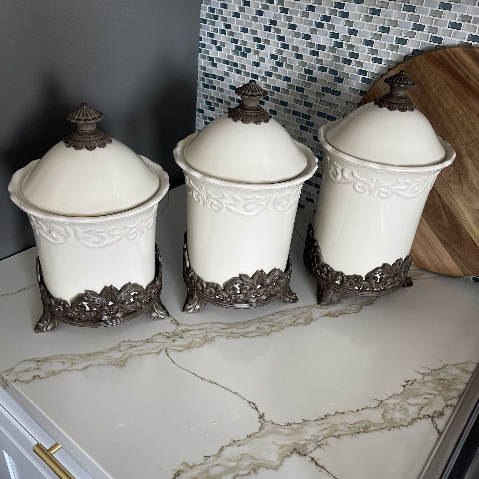 Utility Ceramic Kitchen Canisters Set of 3 with metal base, Cream/Ivory ceramic Chris Madden JC Penny Tuscan Corvella Stoneware Canister Set. T