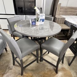 Dining Table 5 Piece Round Pub Set – Espresso / Gray extra for delivery same day delivery Dimensions	45.0 × 45.0 × 37.0 in